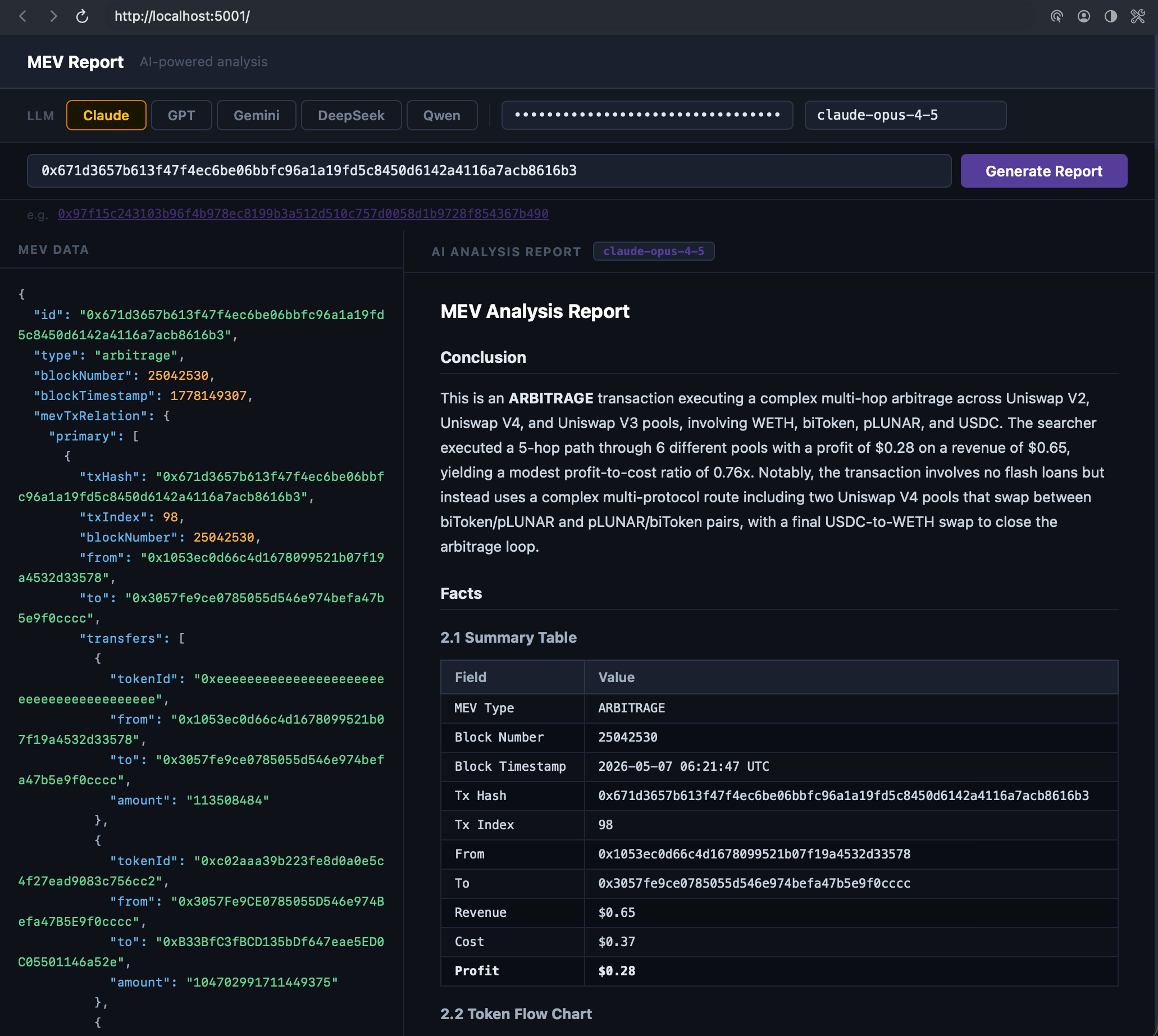 MEV Report screenshot